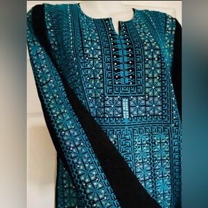 Original Jordanian Handmade falahi Greenish-Blueish embroidery comes with Scarf